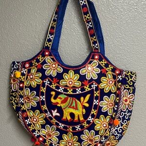 Navy Blue Embroidered Tote with Elephant Design
